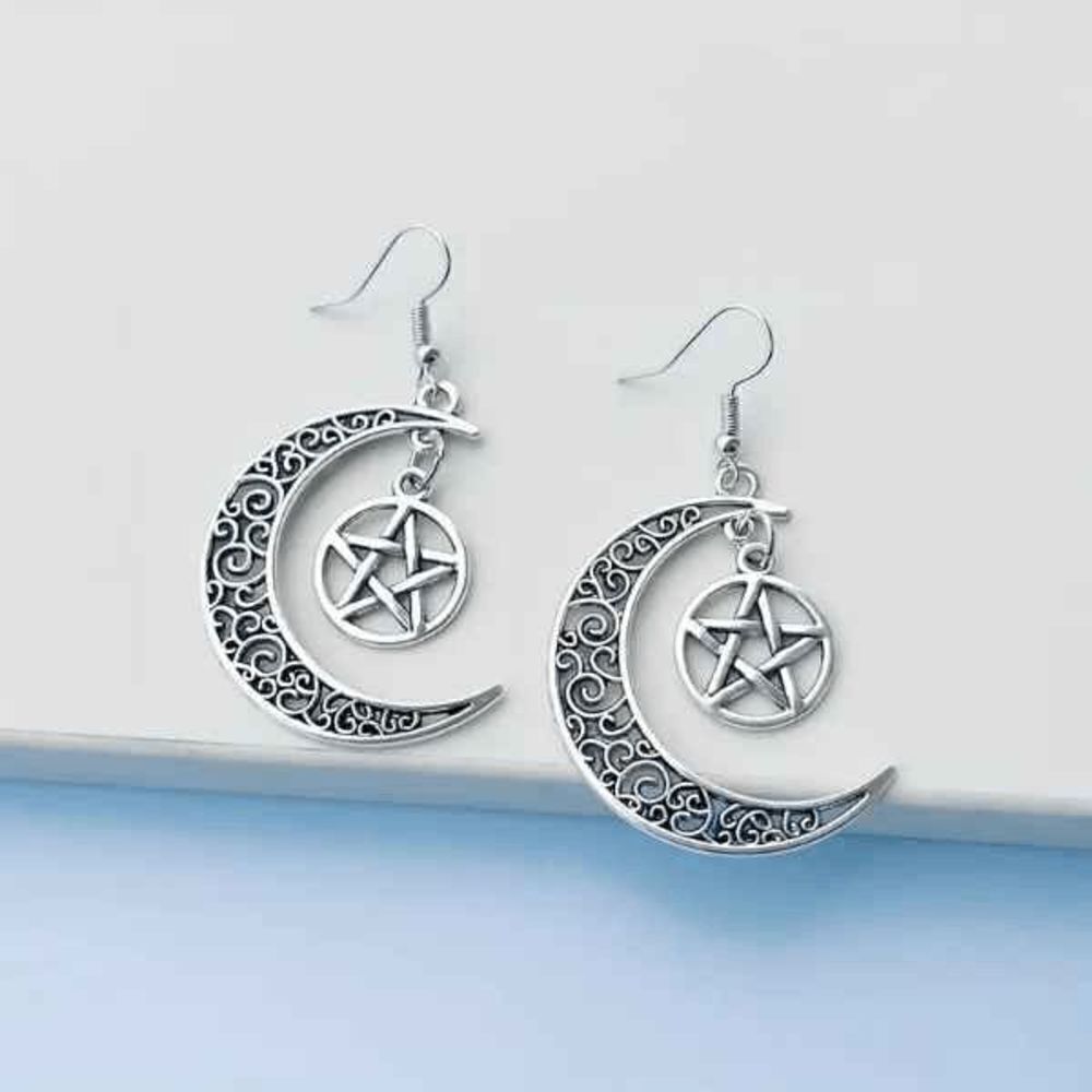 Crescent Moon Pentagram Star Pendant Necklace